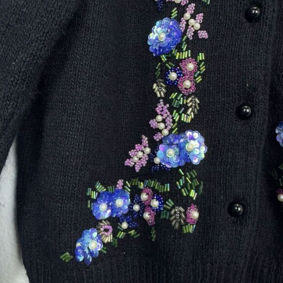 Vintage Silk Angora Rabbit Cardigan Sweater Small Black Floral Beaded Sequins - Picture 6 of 8